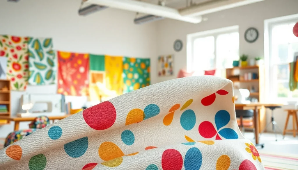 Canvas stof met kleurrijke patronen in een creatieve naaiomgeving tonen.