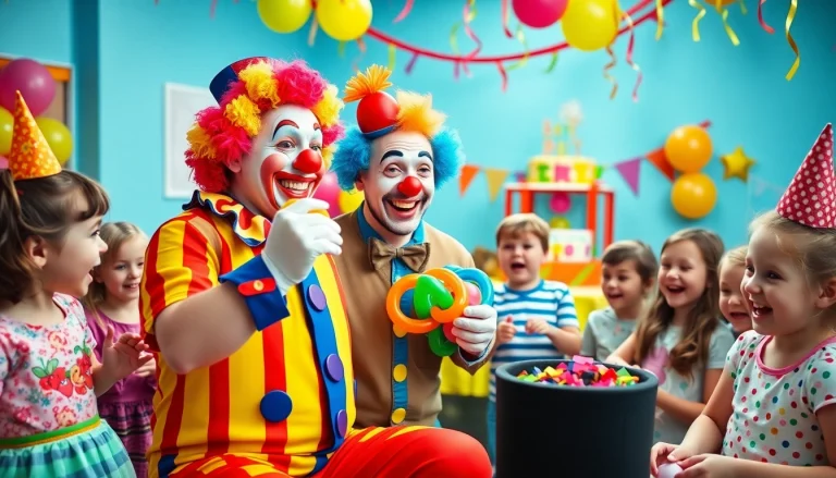 Kids party entertainment with a clown delighting children through balloon art at a vibrant birthday party.