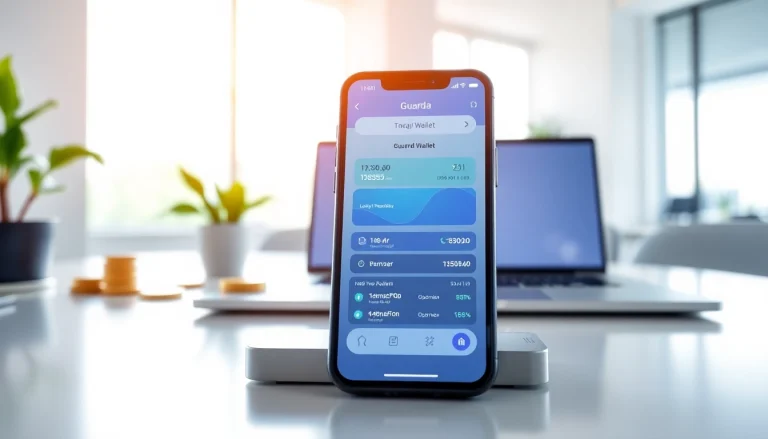 Showcasing the guarda wallet interface on a smartphone amidst a modern office setup.