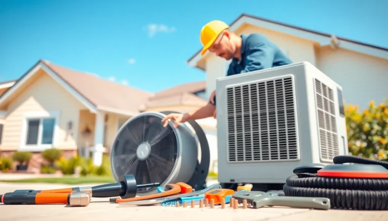 Technician performing ac repair glendale az on an air conditioning unit in a bright residential setting.