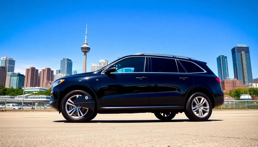 Efficient transfer Vancouver airport to downtown with a luxury SUV against a vibrant city skyline.
