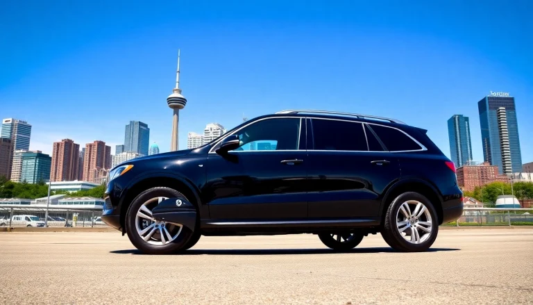 Efficient transfer Vancouver airport to downtown with a luxury SUV against a vibrant city skyline.
