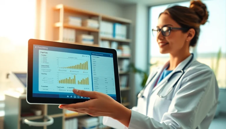 View of e-prescribing software reviews on a tablet, showcasing a modern healthcare setup.
