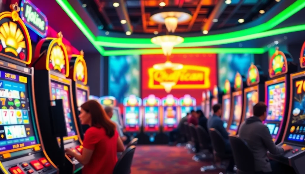 Mainkan qqmacan slot dengan penuh semangat di kasino modern yang cerah.