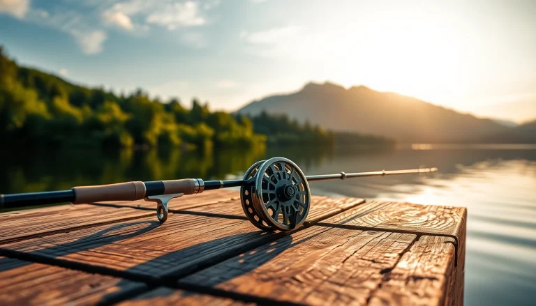 Explore a beautifully crafted fly fishing combo against a serene lakeside backdrop.