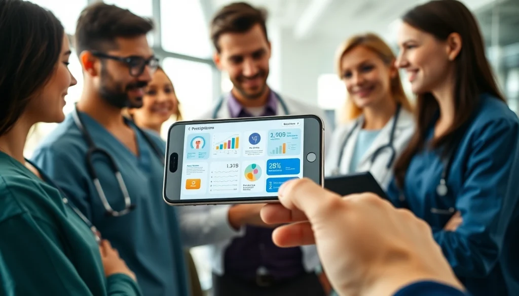 Showcasing top rated prescription applications on a smartphone amidst healthcare professionals collaborating.