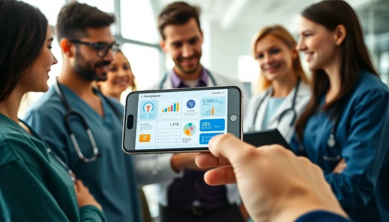 Showcasing top rated prescription applications on a smartphone amidst healthcare professionals collaborating.