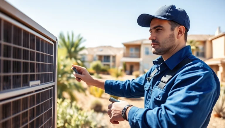 Technician repairing Scottsdale AC unit with residential backdrop in sunny Arizona.