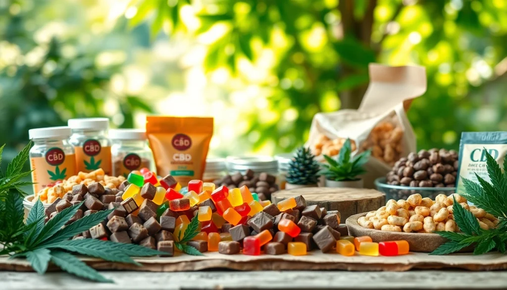 Showcase of vibrant wholesale cbd edibles including gummies and chocolates on a rustic wooden table.