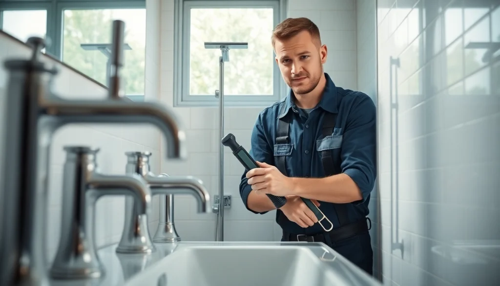 Plumbing Lacey Wa expert repairing bathroom fixtures with high-quality tools in a bright setting.