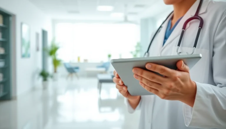 Using eprescribing software for small practices, a clinician efficiently interacts with a tablet.